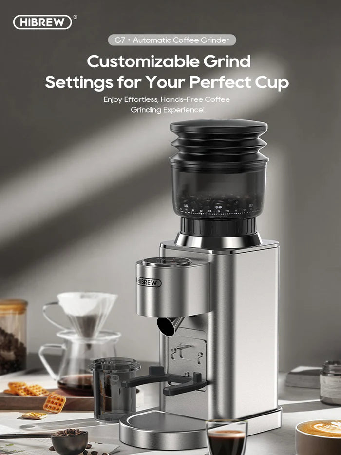 HiBREW G7 coffee grinder in silver, grinds coffee beans for a perfect cup. Automatic and customizable.