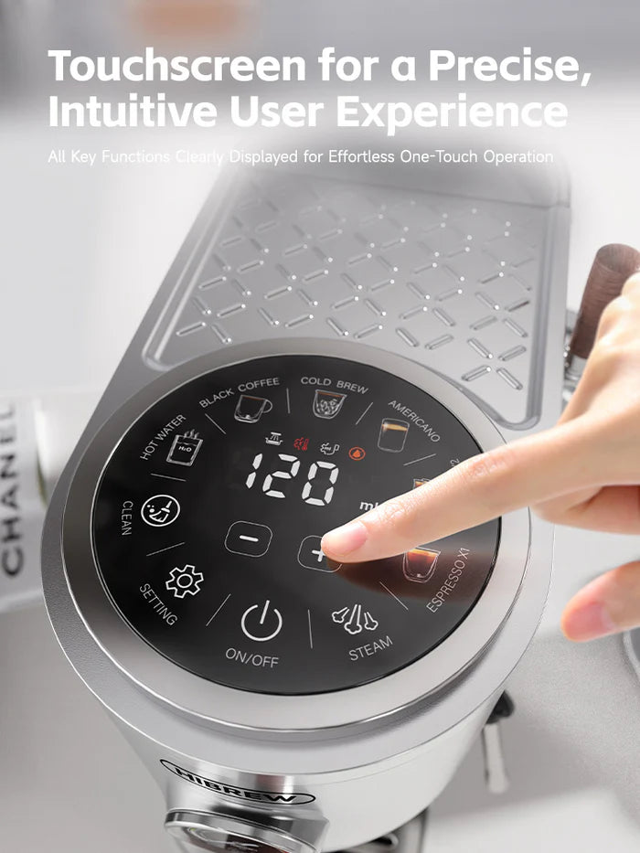 HiBREW espresso machine with interactive touchscreen. User pressing '+' button. Stainless steel finish, sleek design.