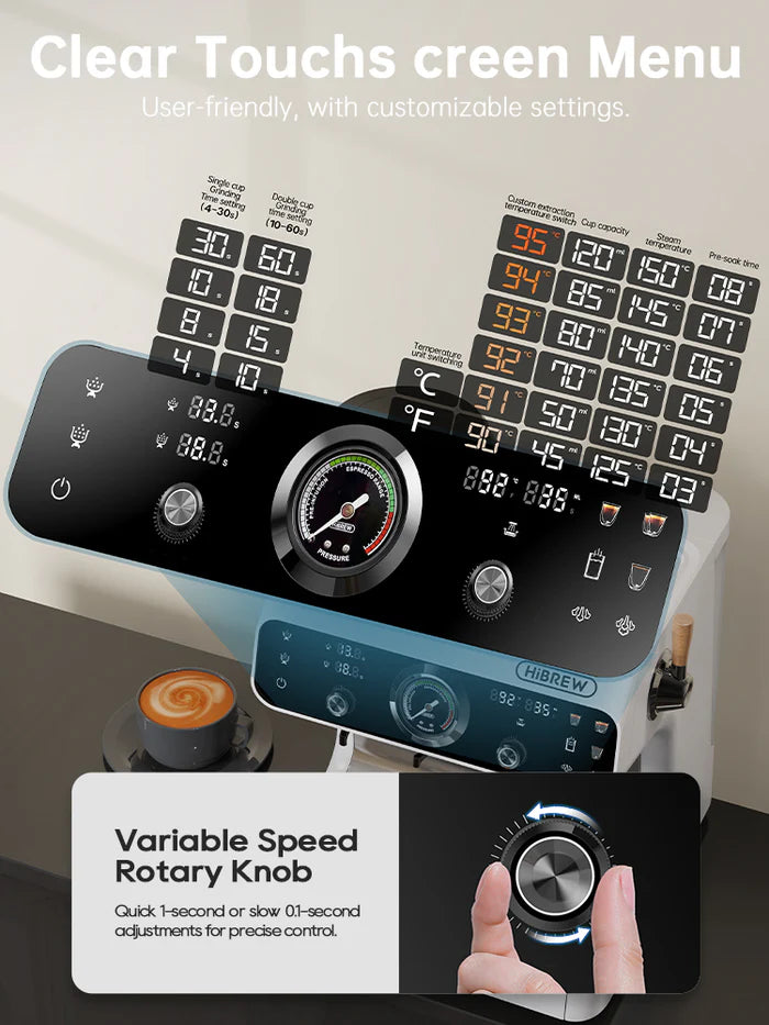 HiBREW H7B Espresso Machine with digital display, pressure gauge and rotary knob for precise control.