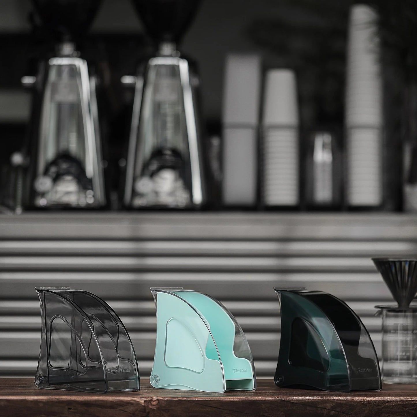 MHW-3BOMBER Snail Coffee Filter Holders in black, teal and dark green. Holds 100 filters, waterproof, dustproof.