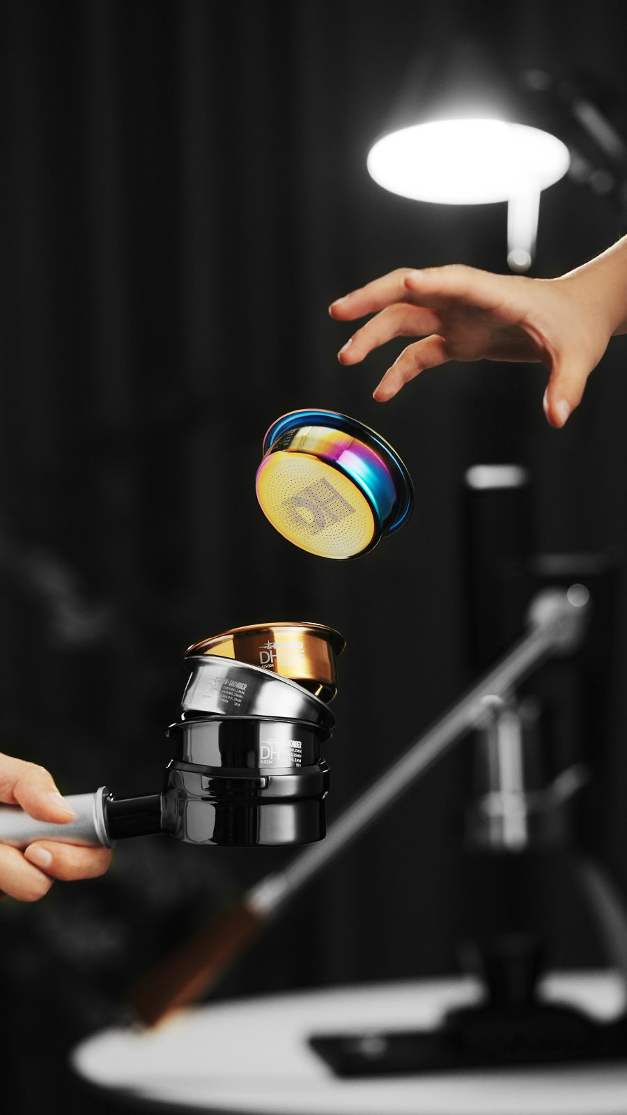 MHW-3BOMBER DH Filter Baskets 58mm. Black, silver, gold, and rainbow espresso coffee filter basket set.