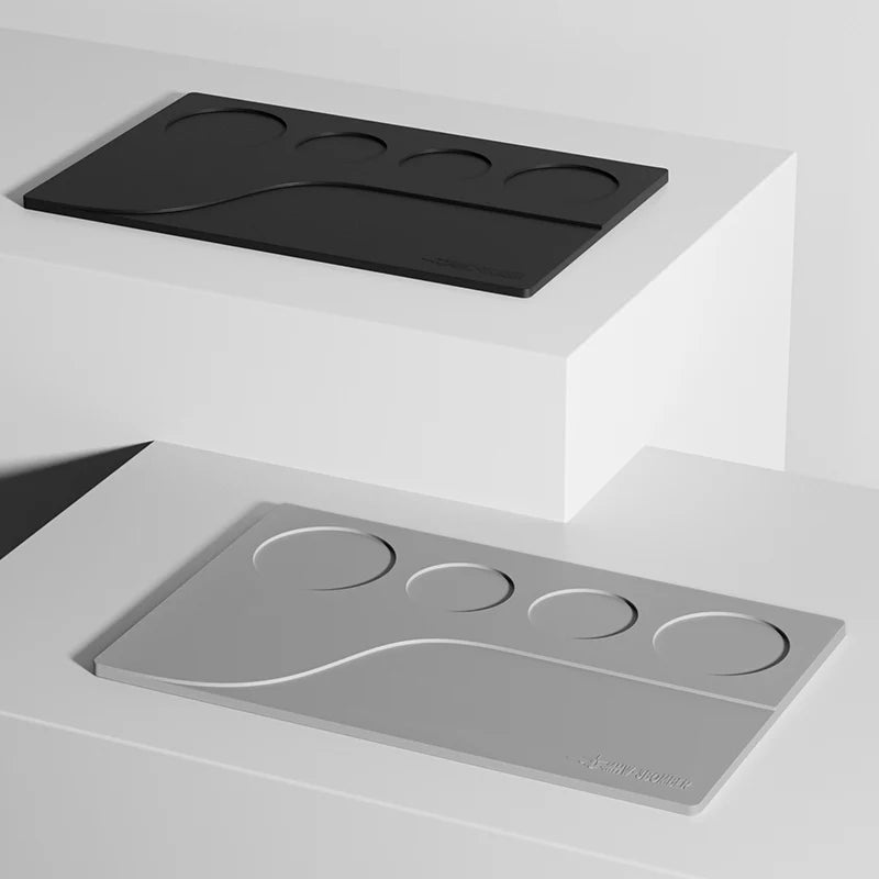 MHW-3BOMBER YU Series tamping base in black & grey. Silicone coffee station organizer with portafilter & tool slots.