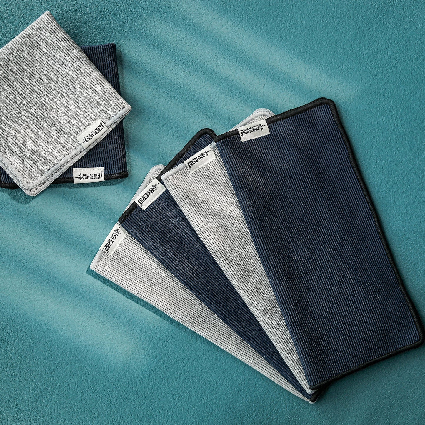 MHW-3BOMBER barista towels (blue & grey). Four square, striped, polyester fiber cloths.