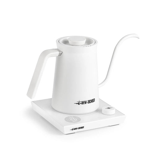 MHW-3BOMBER white gooseneck kettle. Electric kettle with a long spout for pour-over coffee and adjustable temperature.