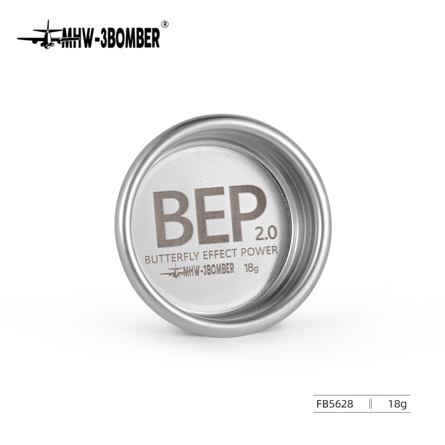 The silver, stainless steel coffee filter basket by MHW-3BOMBER features engraved text BEP 2.0, BUTTERFLY EFFECT POWER, MHW-3BOMBER, and 18g. It has a brushed finish and rests on a plain white background with product code FB5628.