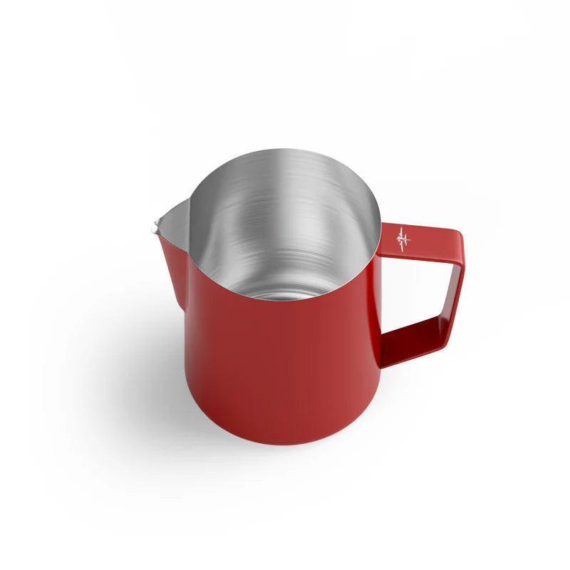 MHW-3BOMBER red latte art pitcher with a crocodile spout and ergonomic handle. Stainless steel.