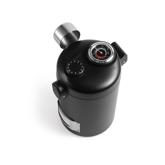 MHW-3BOMBER coffee canister, black. Features include a one-way valve, magnetic spoon, & date recording discs.
