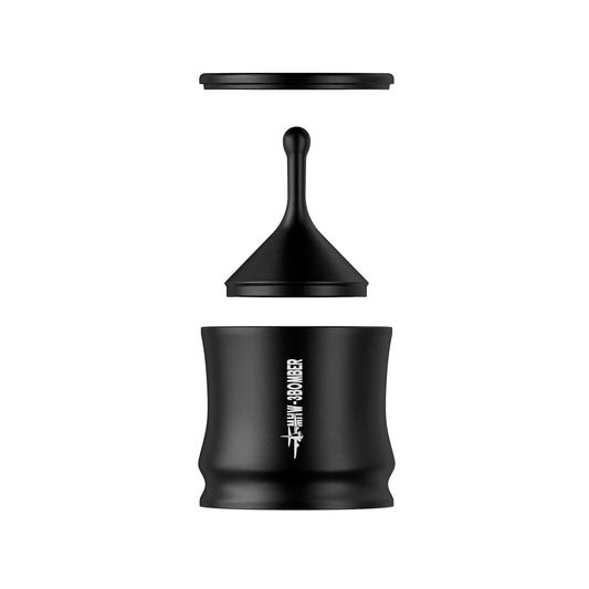 MHW-3BOMBER FlowLight dosing funnel in black, shown with its lid and inner cone separated