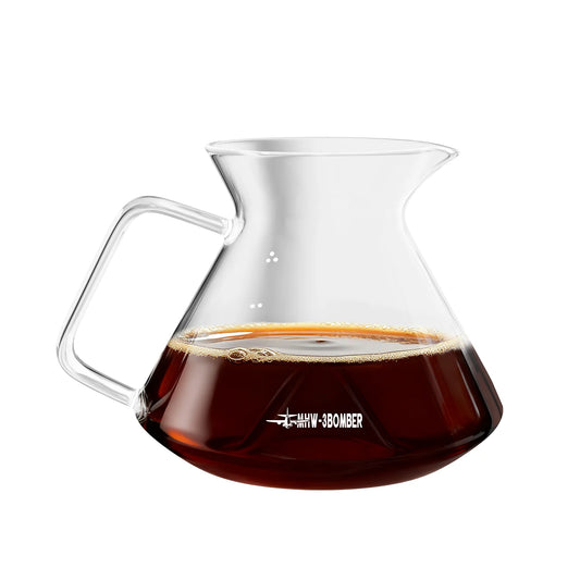 MHW-3BOMBER Hill glass coffee server filled with coffee, wide conical body
