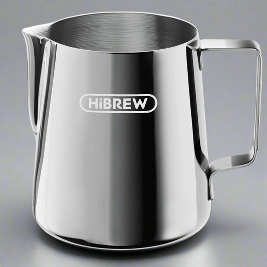 HiBREW 350ml stainless steel milk pitcher. Perfect for frothing milk with a comfortable handle.