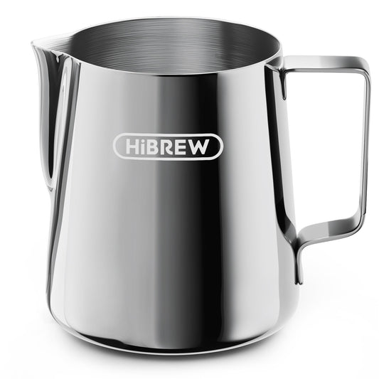 HiBREW 350ml stainless steel milk pitcher with handle. Perfect for frothing milk for coffee drinks.