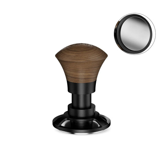 The MHW-3BOMBER Armor Series Coffee Tamper 2.0 features a black metal base and wooden handle, adjustable tamping depth, and a small circular mirror to ensure constant pressure for perfectly pressing coffee grounds into a puck shape in an espresso machine.