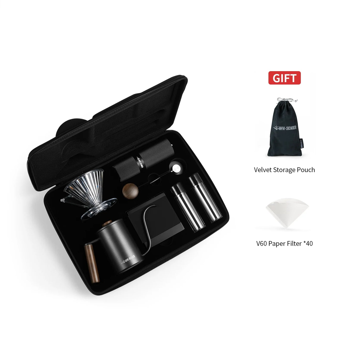 MHW-3BOMBER pour-over set in black case. Includes kettle, filters, grinder, and dripper.