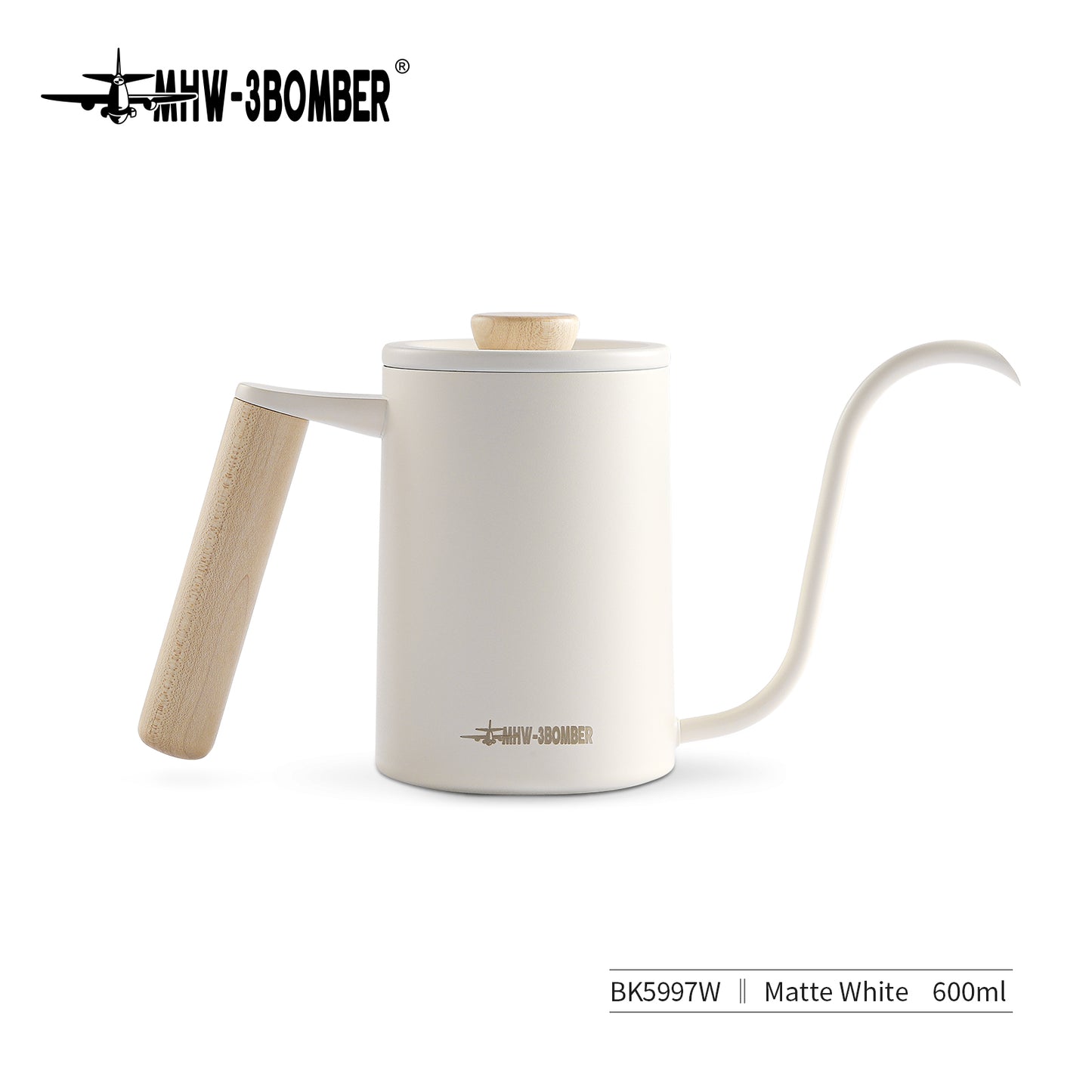The MHW-3BOMBER Planet Hand Brewing Kettle features a sleek, matte white gooseneck design with wooden handle and lid knob. This minimalist drip coffee kettle proudly displays the MHW-3BOMBER logo and offers a 600ml capacity.