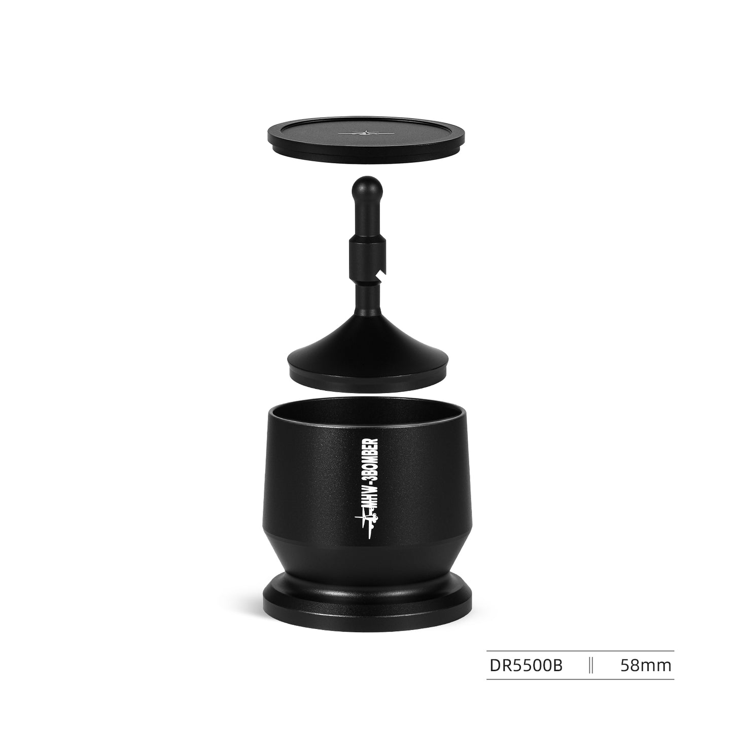 Discover the MHW-3BOMBER Espresso Coffee Powder Dosing Funnel, a sleek black set for baristas. It includes an adjustable handle, magnetic top, and flat base with branding and 58mm measurement details for precise brewing.