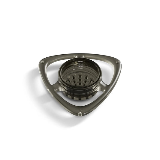 MHW-3BOMBER Rain pour-over splitter in smoked grey, a triangular frame holding a perforated disc