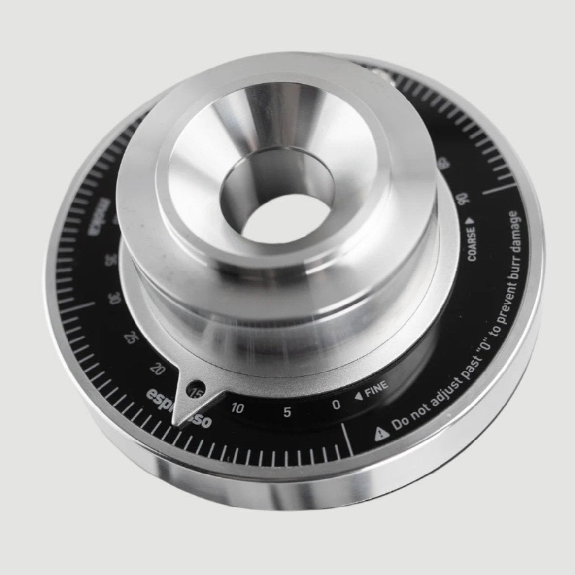 Close-up view of the DF64 adjustment ring, showcasing precise grind size control for optimal coffee brewing.