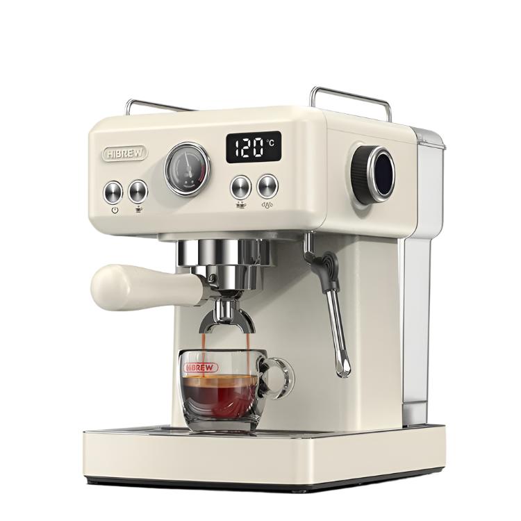 The cream-colored HiBREW H10A, part of the Fix Coffee brand, features a DF54 Grinder and a digital display set to 120°C. A portafilter holds a glass cup with coffee while a steam wand is on the right side. Its front sports a sleek logo, perfect for coffee enthusiasts.