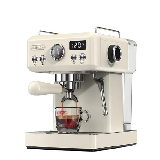 The cream-colored HiBREW H10A, part of the Fix Coffee brand, features a DF54 Grinder and a digital display set to 120°C. A portafilter holds a glass cup with coffee while a steam wand is on the right side. Its front sports a sleek logo, perfect for coffee enthusiasts.
