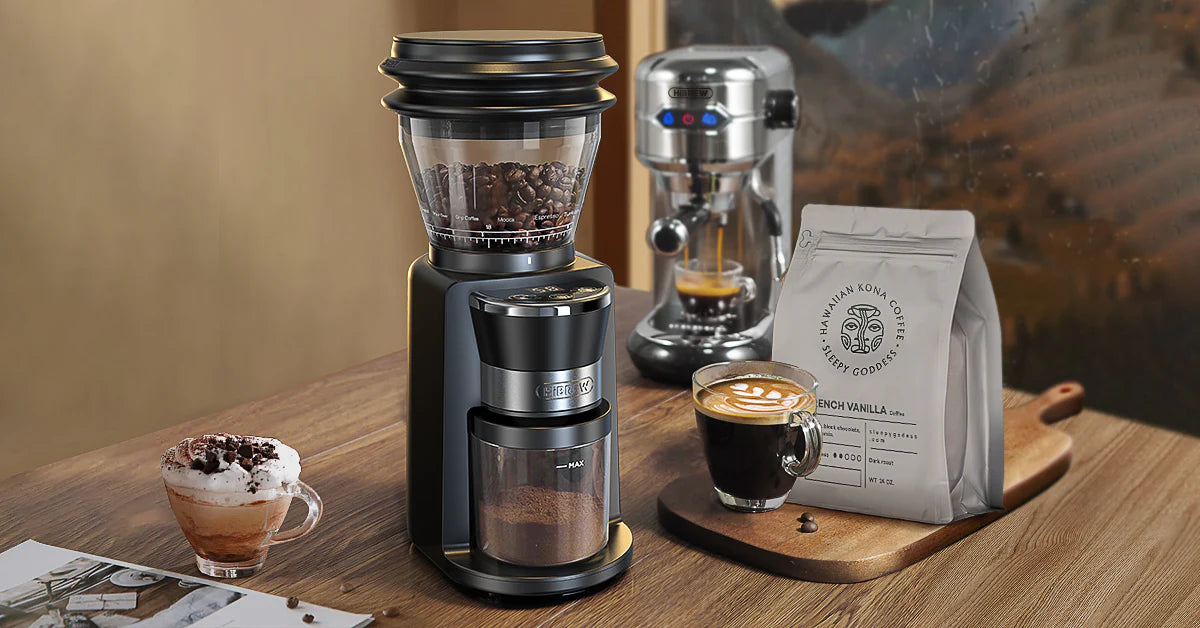 A modern coffee setup featuring a HiBREW G3 40mm Conical Burr Electric Coffee Grinder, Brew Vanilla coffee beans from Fix Coffee, a cup of coffee and a cappuccino on a wooden table with a shiny espresso machine showing adjustable grind settings in the background.