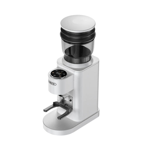 HiBREW G7 espresso coffee grinder, white, with bean hopper and portafilter holder.