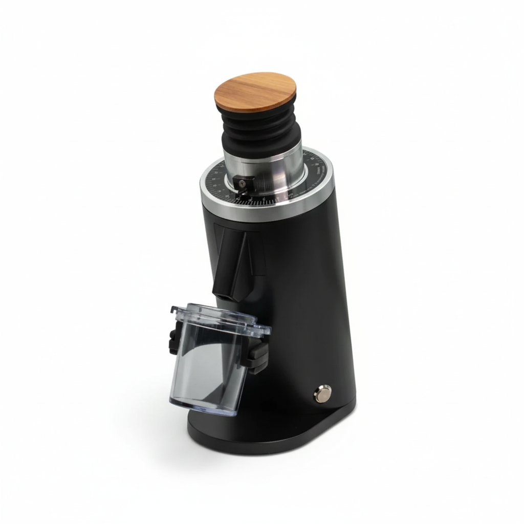 Black coffee grinder DF54 with wooden top on a white background