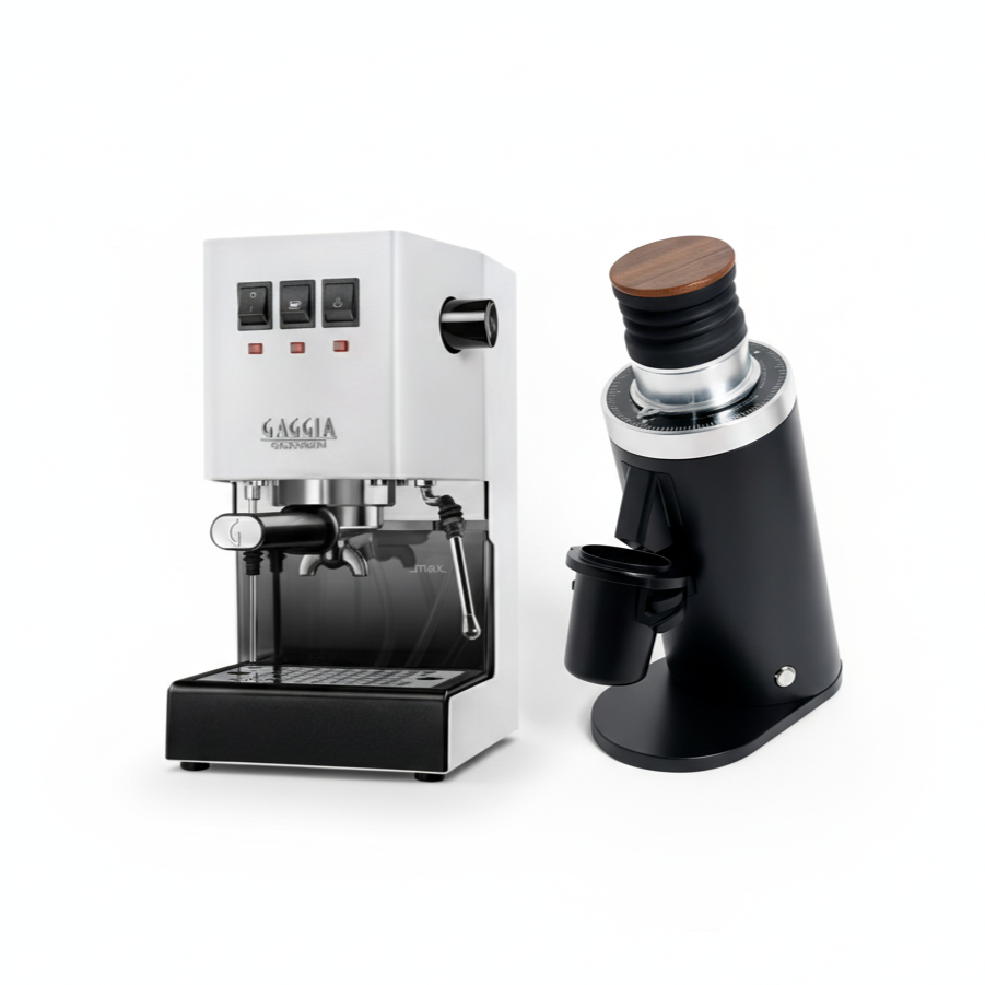 Gaggia espresso machine and coffee grinder on a white background