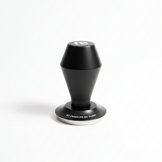 Black coffee tamper with 'No Pressure No Glory' text on a white background