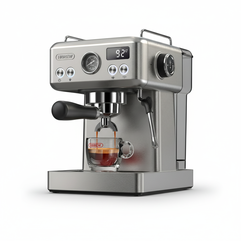 Silver espresso machine with a glass container on a white background