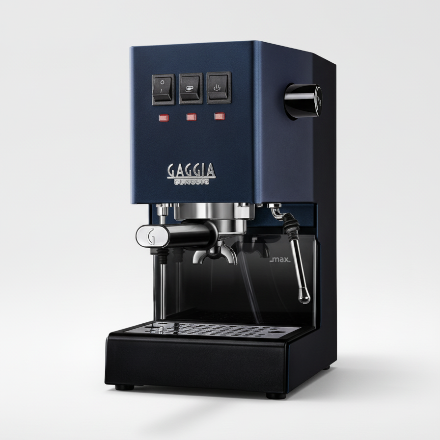 Blue Gaggia coffee machine on a white background