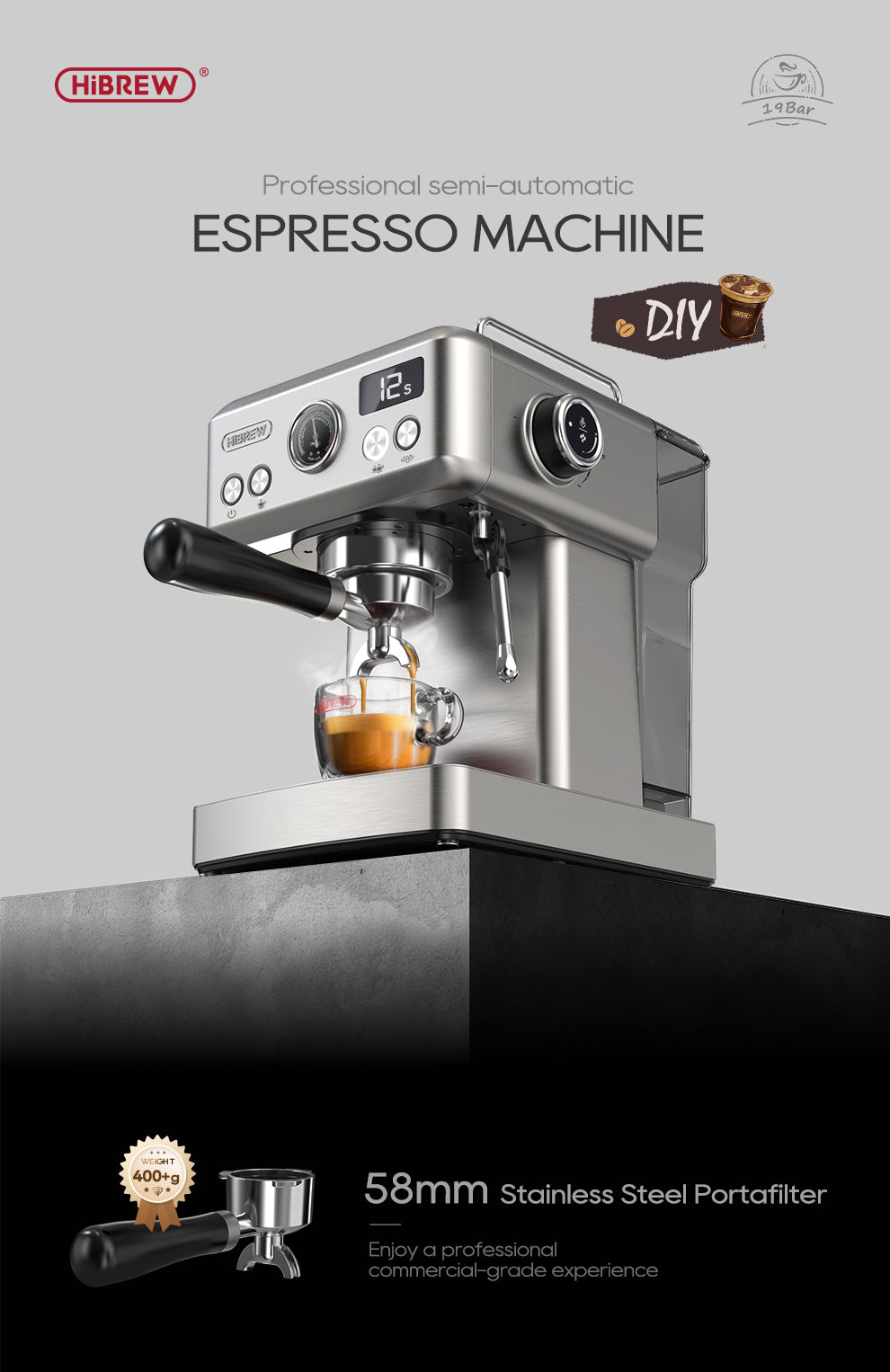The HiBREW H10A Espresso Coffee Machine with Temperature Adjustment offers café-quality coffee, ideal for the aspiring home barista. With its digital display and stainless steel 58mm portafilter, it delivers a commercial-grade experience.