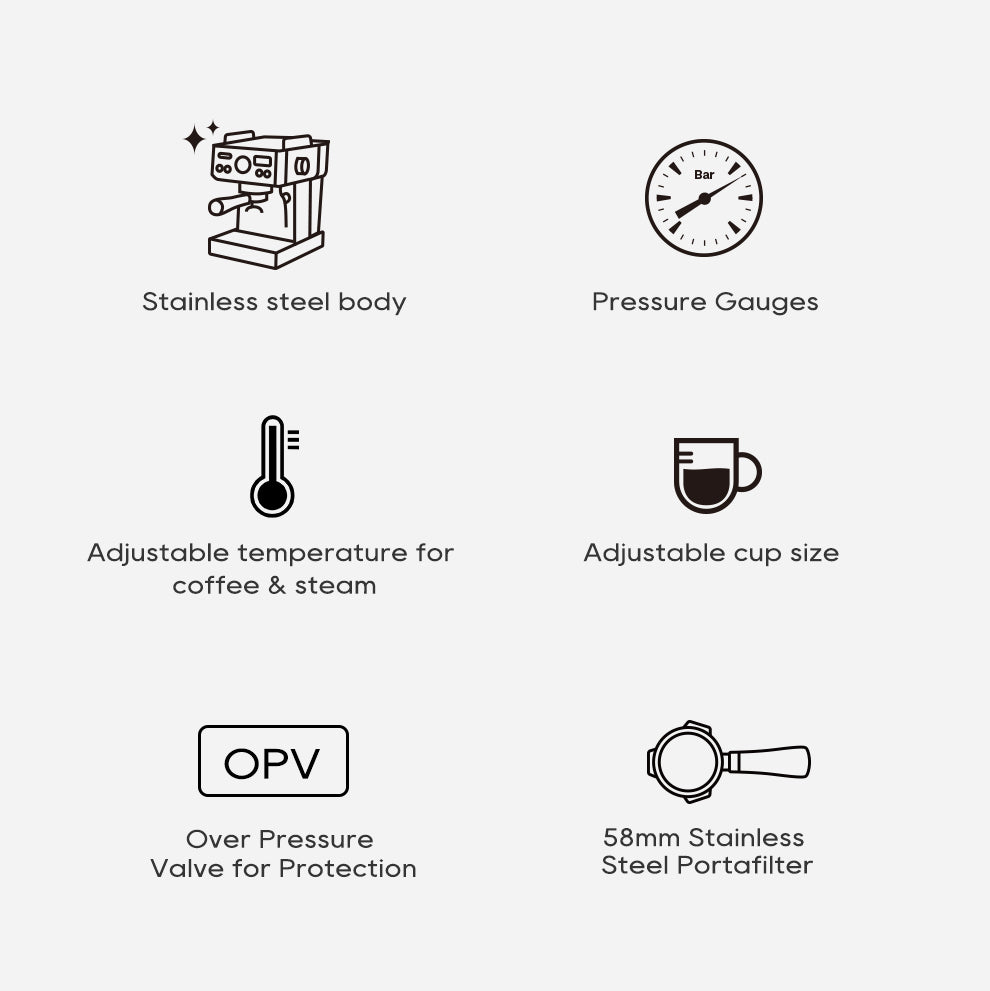 Icons illustrating the HiBREW H10A Espresso Coffee Machine: stainless steel body, pressure gauges, adjustable temperature for coffee and steam, adjustable cup size, overpressure valve protection, and a 58mm stainless steel portafilter—a perfect fit for home baristas.
