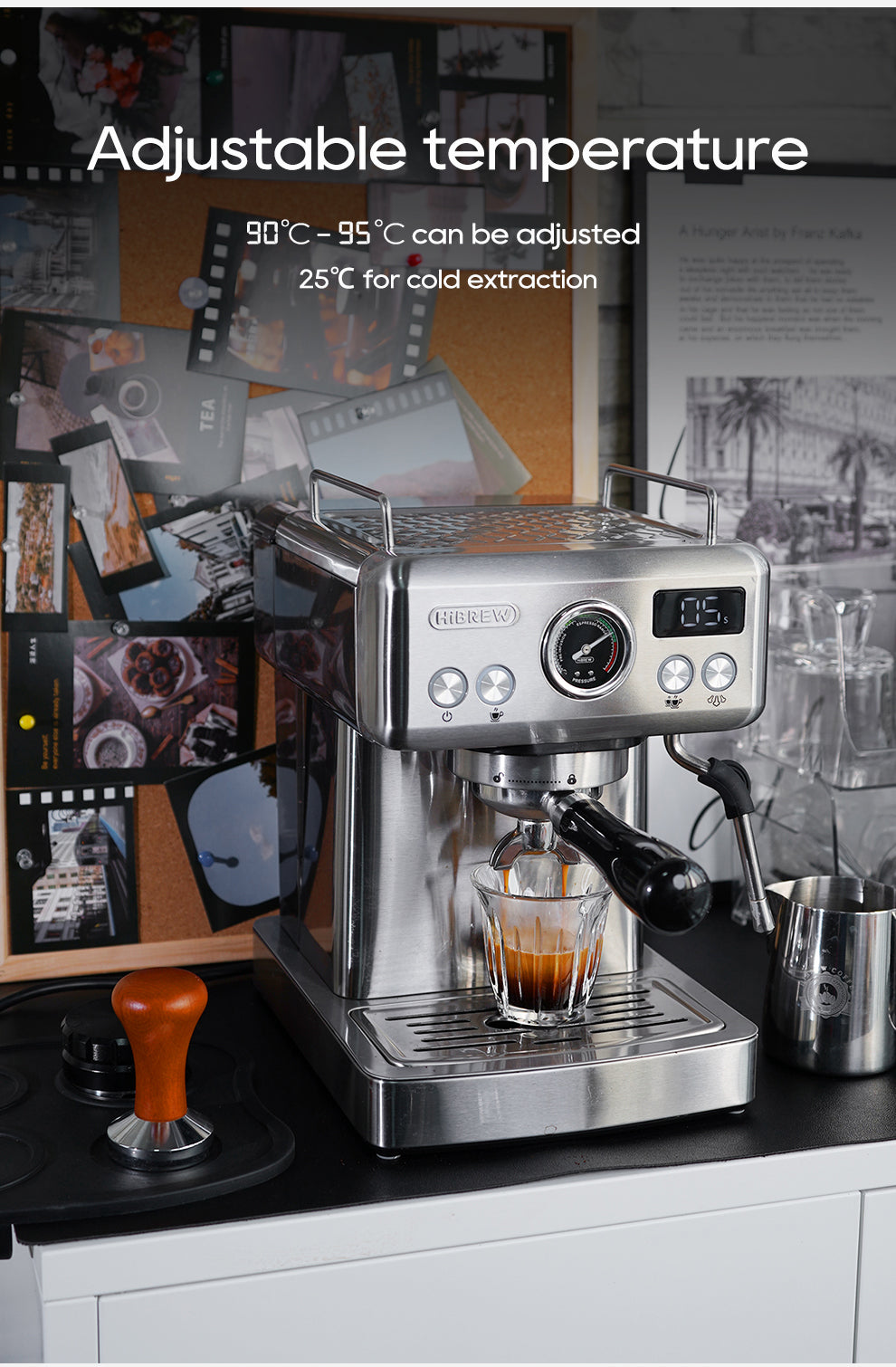 The HiBREW H10A Espresso Coffee Machine with Temperature Adjustment, made from stainless steel, brews café-quality coffee into a glass cup on a kitchen counter. Its ideal for home baristas and comes with a tamper and frothing pitcher. A corkboard backdrop enhances your cozy café corner.