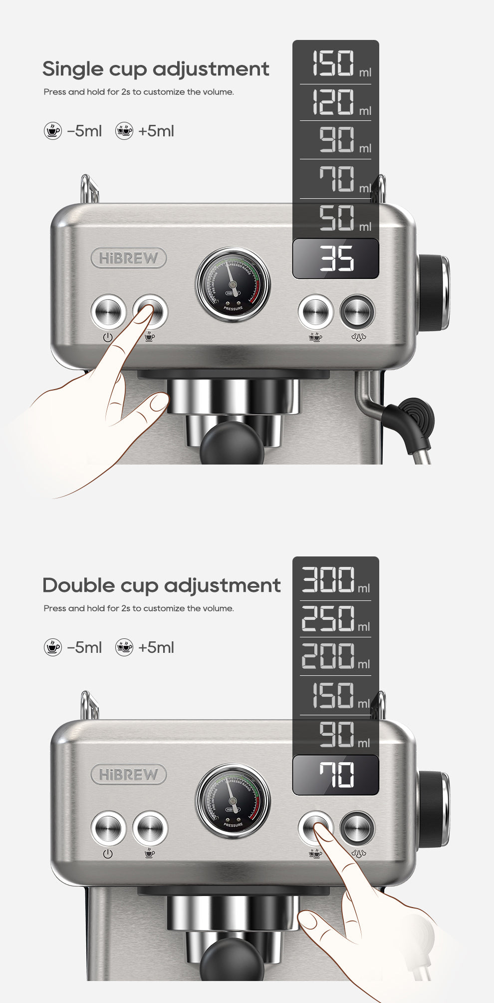 Illustration of the HiBREW H10A Espresso Coffee Machine with a digital display for adjustable cup sizes. A hand points to buttons for single or double cup settings, delivering café-quality coffee at home with volume options from 150ml to 300ml and temperature adjustment.