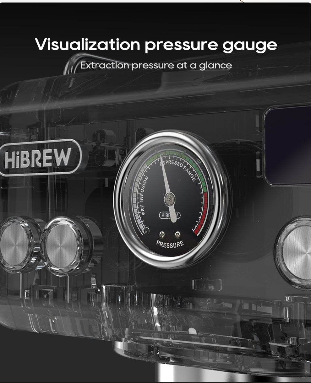Close-up of HiBREW H10A Espresso Coffee Machines pressure gauge, ideal for home baristas desiring café-quality coffee. The dial, marked with green, black, and red from 0 to 15, shows brewing pressure levels. Text above reads Visualization pressure gauge and Extraction pressure at a glance.