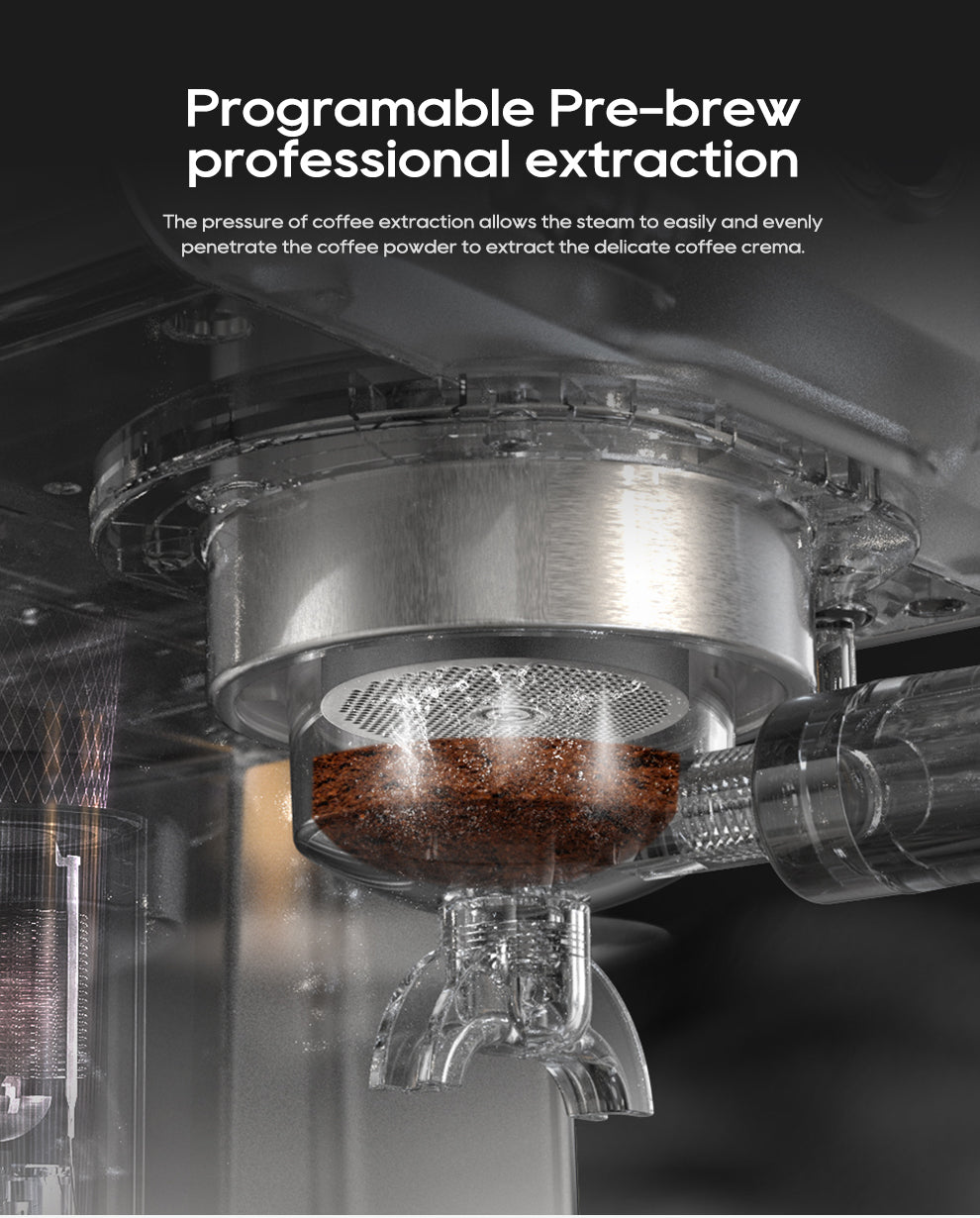 Close-up of the HiBREW H10As brewing head filled with ground coffee. Text above reads Programmable Pre-brew professional extraction, featuring HiBREWs user-friendly design that optimizes steam pressure for café-quality coffee.