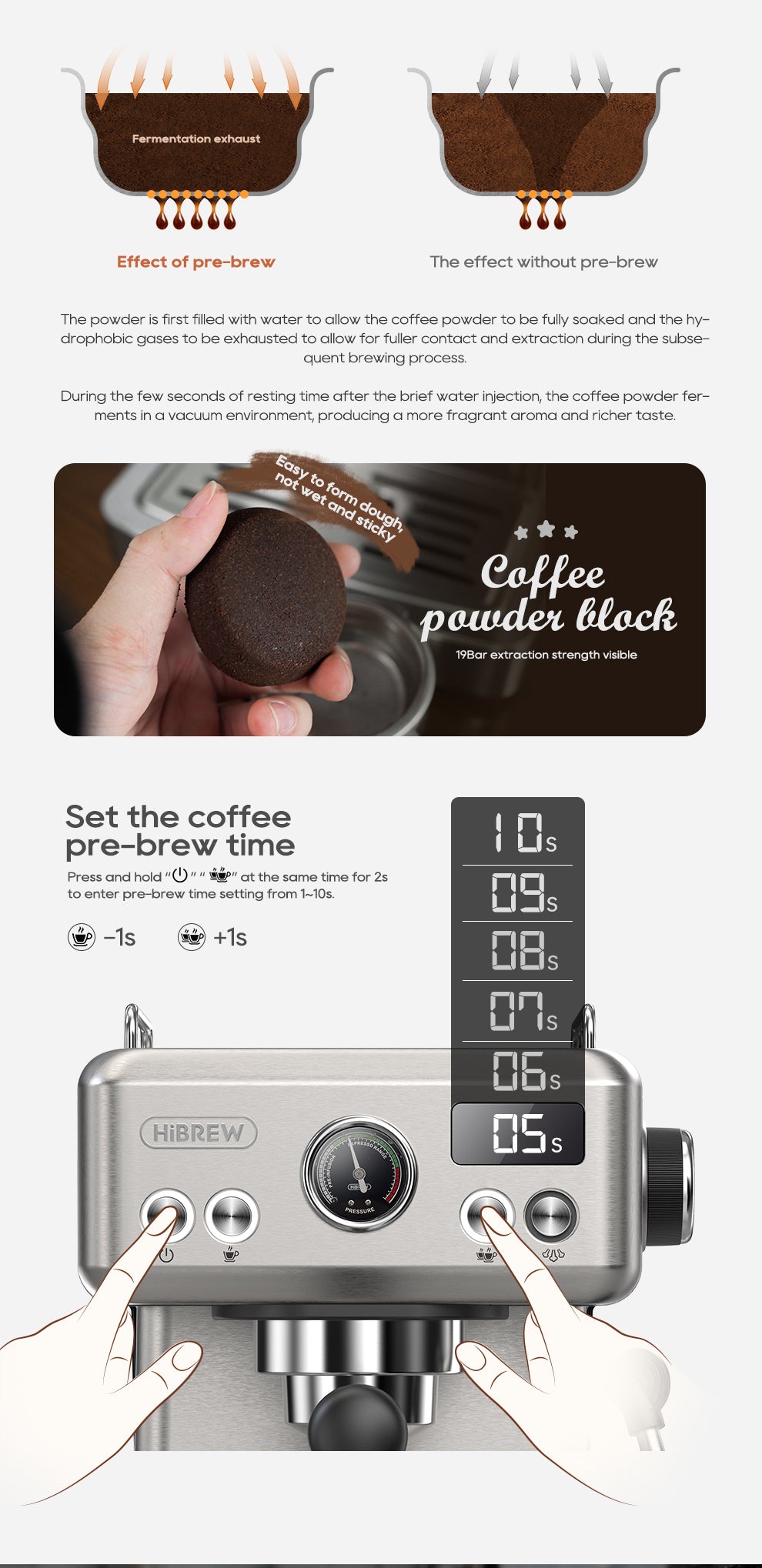The HiBREW H10A Espresso Coffee Machine allows users to compare coffee extraction with and without pre-brewing. Visuals show coffee grounds in a filter, while the intuitive design features a hand adjusting the pre-brewing timer from 0 to 15 seconds, ensuring consistent café-quality coffee.