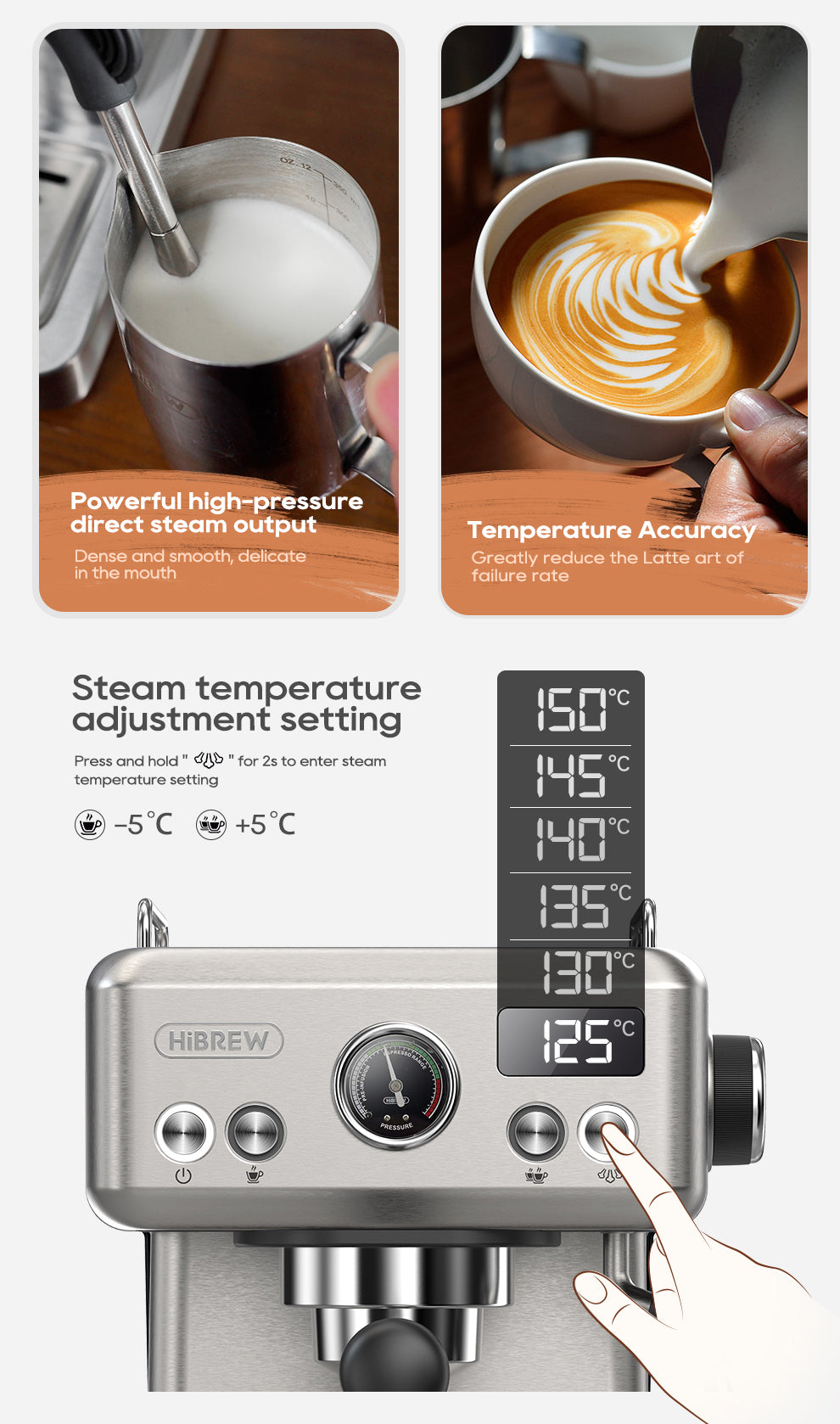 The image features the HiBREW H10A Espresso Coffee Machine, ideal for home baristas with a digital display, powerful steam output, temperature accuracy for café-quality coffee, and adjustable settings from -5°C to +5°C perfect for exquisite latte art.
