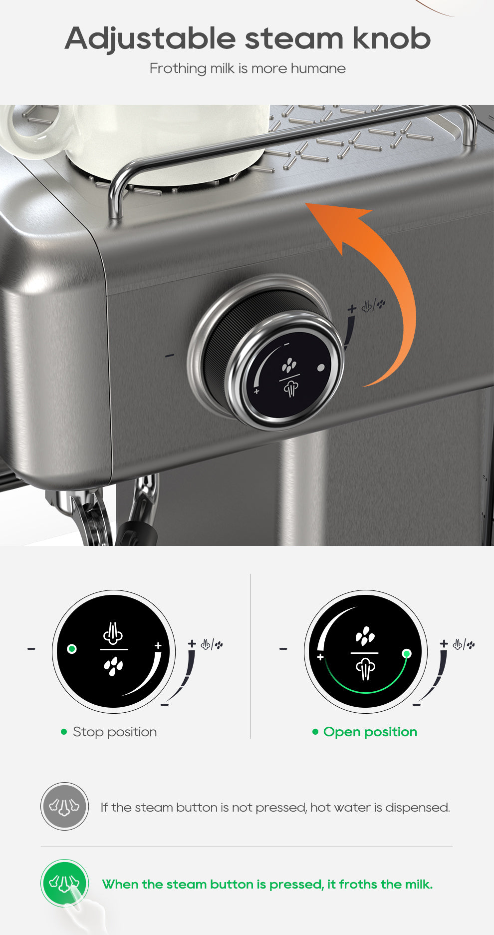 The image shows the adjustable steam knob of the HiBREW H10A Espresso Coffee Machine, ideal for home baristas. An orange arrow indicates movement; diagrams show Stop position and Open position, with a note on frothing milk for café-quality coffee, ensuring perfection from HiBREW.