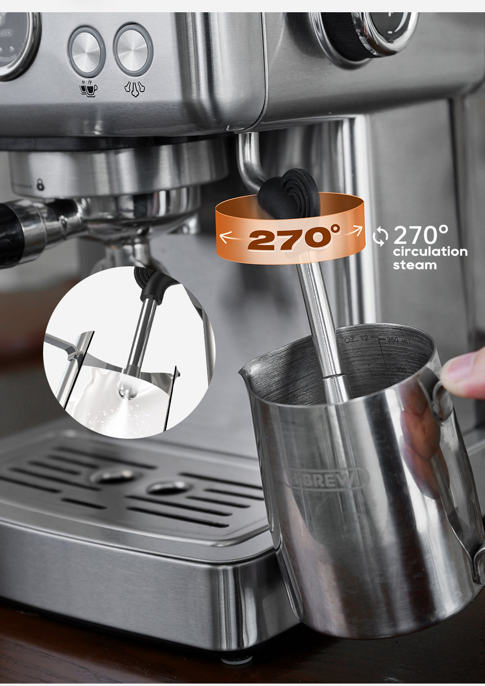 Close-up of the HiBREW H10A Espresso Coffee Machine with a steam wand, ideal for home baristas. The silver machine froths milk in a metal pitcher, showcased by its 270° range of motion for café-quality coffee. Text reads 270° circulation steam.