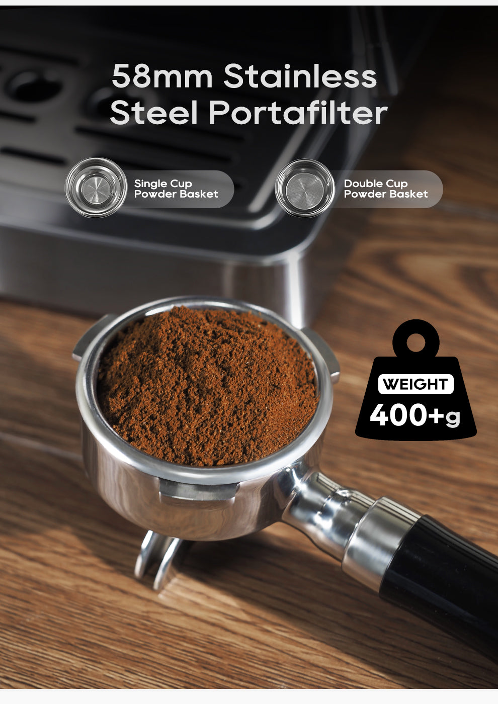 A HiBREW H10A portafilter with coffee grounds sits on wood. With a user-friendly design, it is essential for café-quality coffee and includes single and double cup powder baskets, weighing over 400 grams.