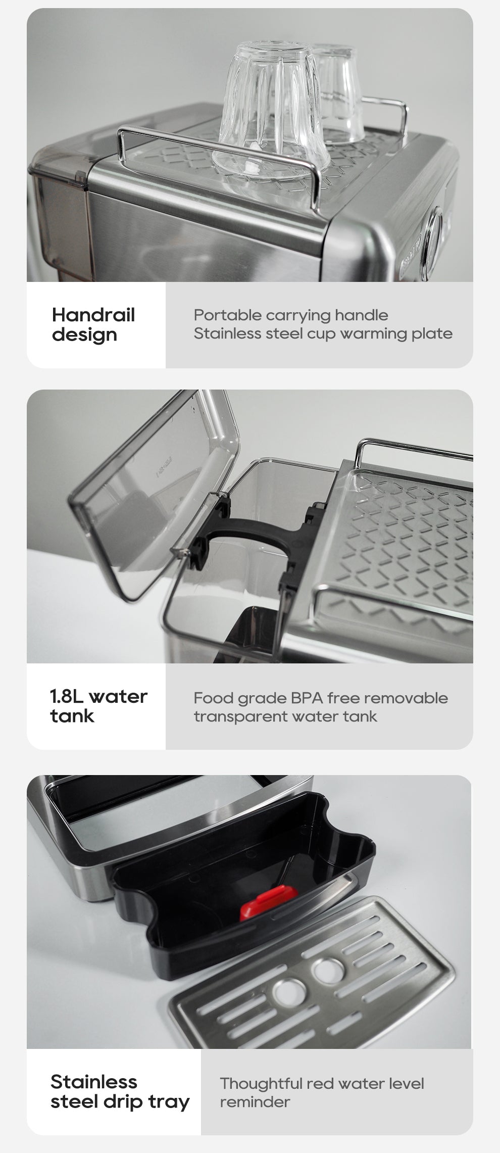 The HiBREW H10A Espresso Coffee Machine, a sleek stainless steel appliance for home baristas, features a handrail design with a warming plate and handle, 1.8L BPA-free clear tank, detachable stainless drip tray with red level indicator, ensuring café-quality coffee at home.