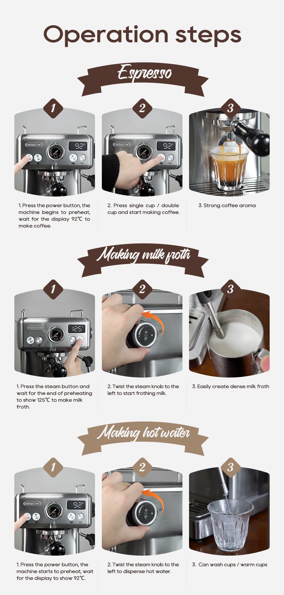 Explore the HiBREW H10A Espresso Coffee Machines guide to make café-quality coffee. With images, numbered steps for espresso, milk froth, and hot water, it details button presses and adjustments for a home barista experience using each function from HiBREW.