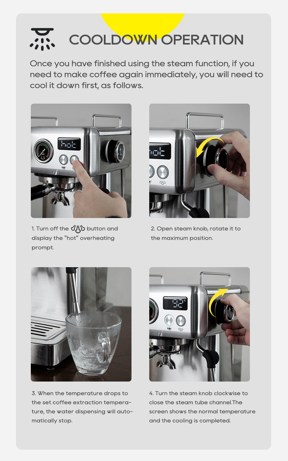 Explore our handy guide for cooling down your HiBREW H10A Espresso Coffee Machine with Temperature Adjustment. Steps include: turning off the device, opening and closing the steam knob as temperature drops. Each step is illustrated to ensure perfect café-quality coffee every time.