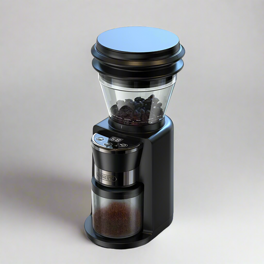 The Fix Coffee HiBREW G3 40mm Conical Burr Electric Coffee Grinder is sleek and black with a clear bean container on top and a ground coffee compartment at the bottom. It features conical burrs and a digital control panel with buttons for adjustable grind settings.