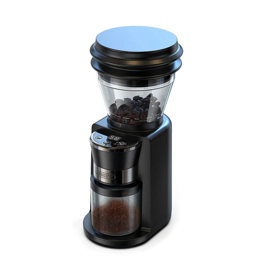 The Fix Coffee HiBREW G3 features a sleek black design with a transparent bean hopper on top. It offers conical burrs and front control buttons for adjustable grind settings, and the bottom transparent container collects the grounds.