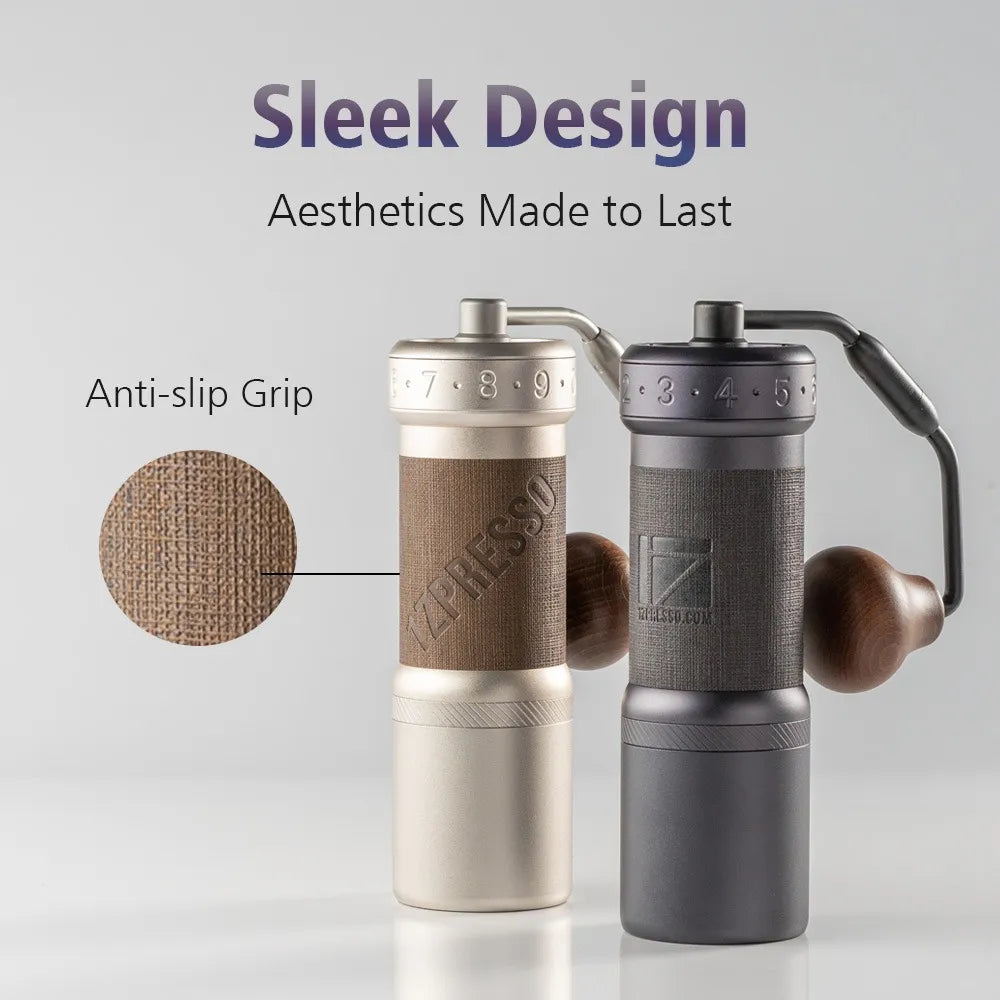 1Zpresso K-Ultra manual coffee grinders in silver and dark gray. Sleek design with anti-slip grip detail.