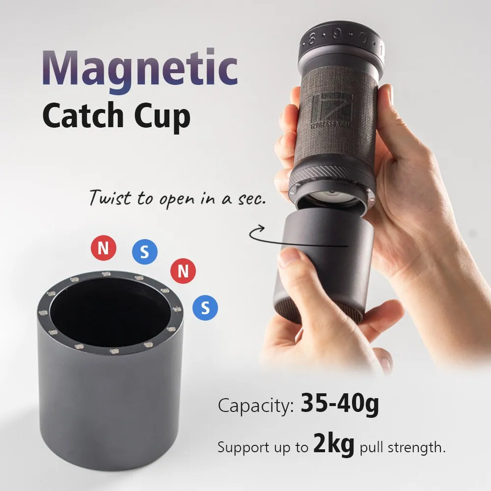 1Zpresso K-Ultra Magnetic Catch Cup. Gray cylinder, twist-open design. Hand separates cup. 35-40g capacity.
