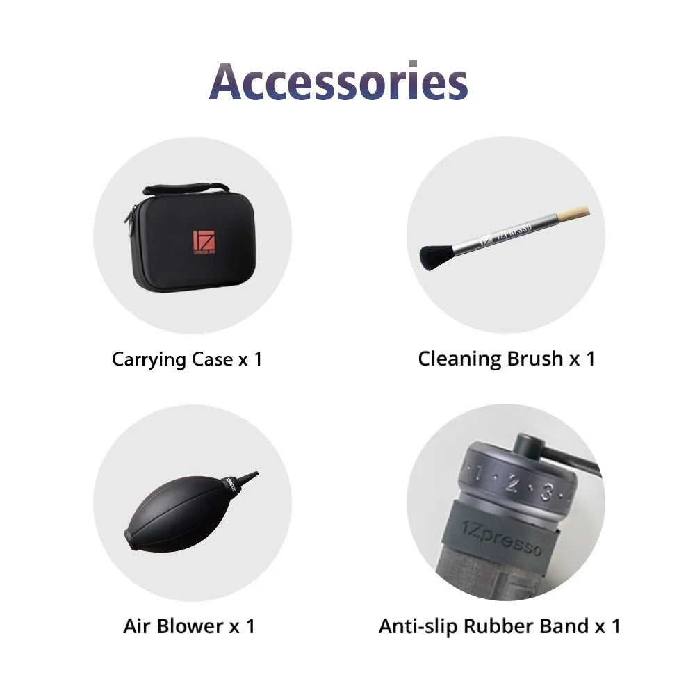 1Zpresso K-Ultra accessories: case, brush, air blower, rubber grip.