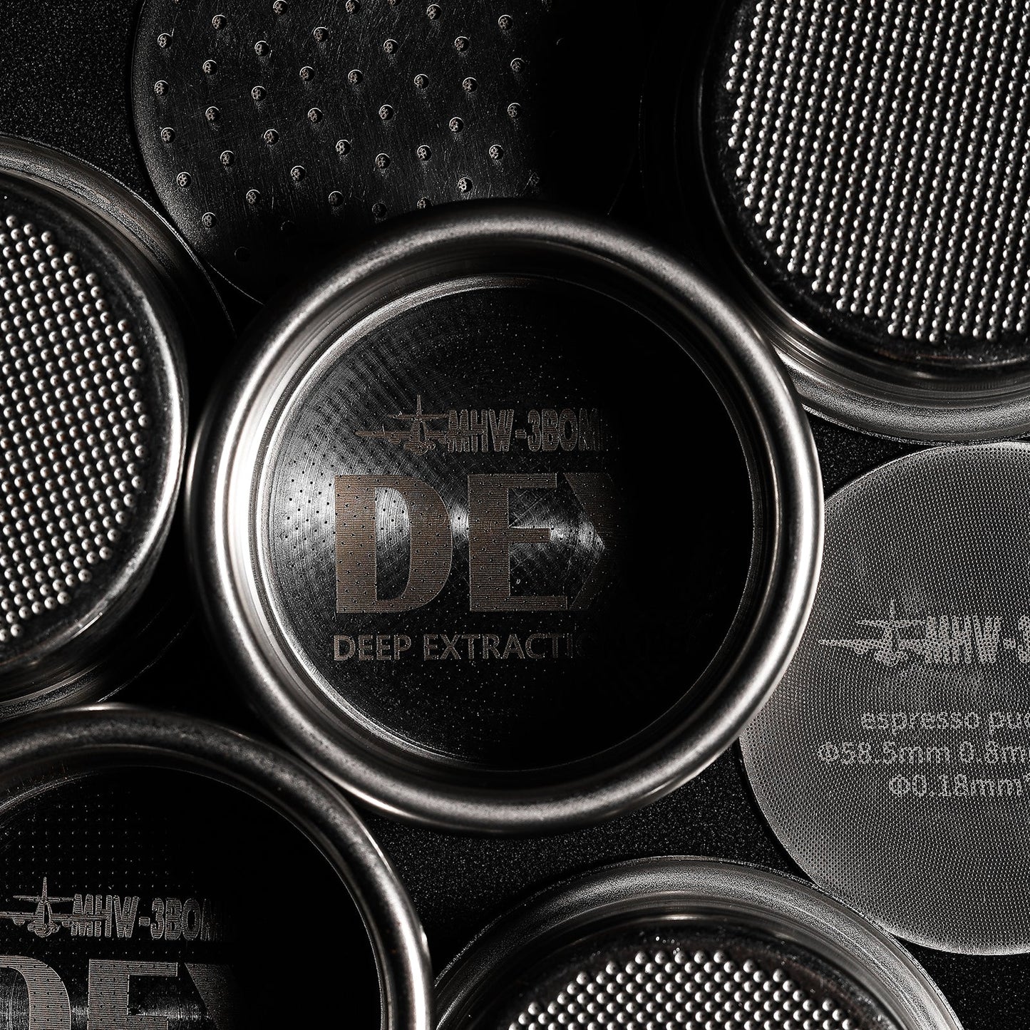 MHW-3BOMBER 58mm DEX filter baskets. Stainless steel, designed for deep espresso extraction.